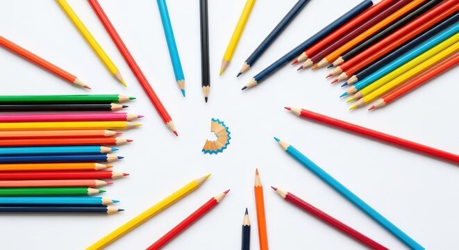 Colorful pencils arranged in a circular pattern on white background