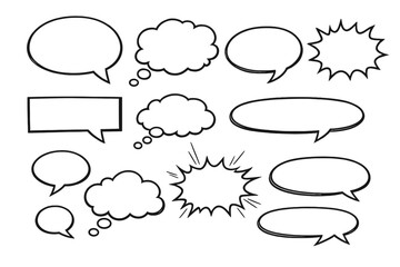 A collection of various blank white speech and thought bubbles with black outlines on a black background. The set includes oval, rectangular, cloud, and jagged shapes for comic design.