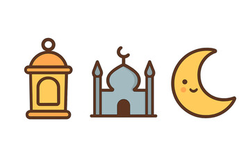 A set of three cute cartoon icons for Ramadan featuring a yellow lantern, a blue mosque with a crescent moon, and a smiling yellow crescent moon on a solid black background.