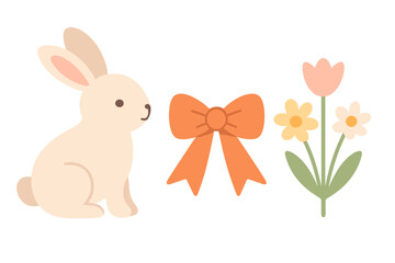 Obraz premium A flat vector clipart set featuring a cream-colored bunny, an orange ribbon bow, and a small bouquet of spring flowers including a tulip and daisies on a black background.