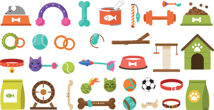 Set of colorful pet accessories and toys icons with bowls, bones, collars, balls, and houses, cute flat vector illustration for pet care design