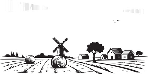 windmill black and white vector farm scene with barns and hay © AIcon Star