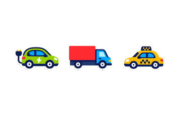 Fototapeta premium Three colorful cartoon vehicle stickers including a green electric car, a blue delivery truck with a red cargo box, and a yellow taxi, all isolated on a black background.