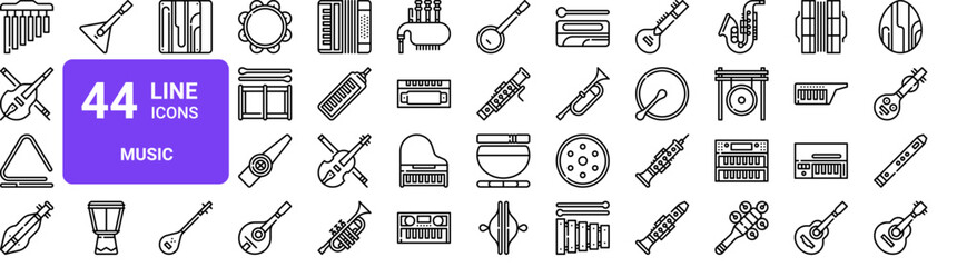Set of 44 thin line musical instrument icons. Includes piano, guitar, drums, violin, saxophone, and more. Vector outline illustration pack © MacroOne