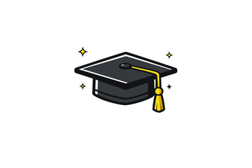 A black graduation mortarboard with a bright yellow tassel is centered on a solid black background. Small yellow and white sparkles surround the cap in this cartoon illustration.