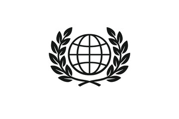Obraz premium A minimalist dark icon featuring a globe with latitude and longitude lines centered within a laurel wreath, set against a solid black background for a clean and professional look.