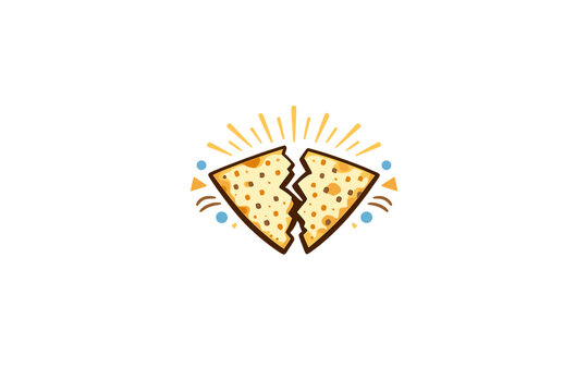 This graphic illustration depicts a piece of unleavened matzah bread broken in two, surrounded by yellow rays and colorful dots on a solid black background for the Jewish holiday.