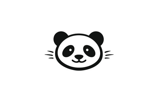 A minimalist black and white illustration of a panda face with whiskers, set against a solid black background. The simple line art design features round ears and characteristic eye patches.