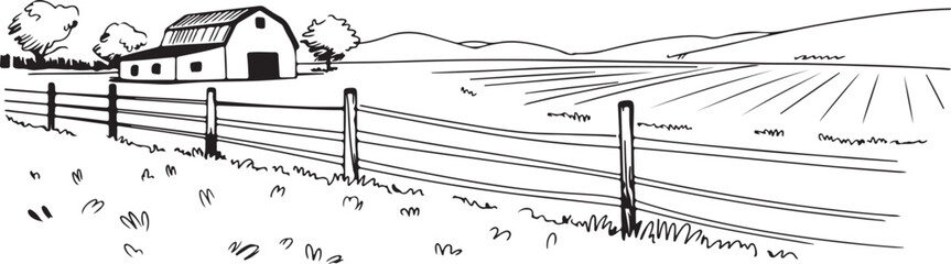 barn line drawing of rural farm fence field and farmhouse © AIcon Star