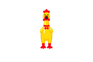 Fototapeta premium A flat vector illustration of a yellow rubber chicken toy with a red bow tie and comb, standing against a solid black background. The toy has an open mouth and black eyes.