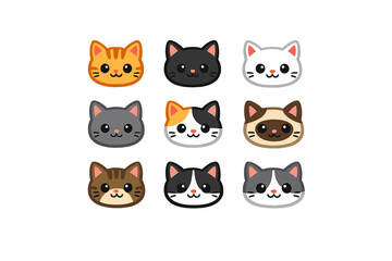 A collection of nine cute cartoon cat faces in a three by three grid on a black background. The set includes various breeds and colors like tabby, calico, and Siamese in a kawaii style.