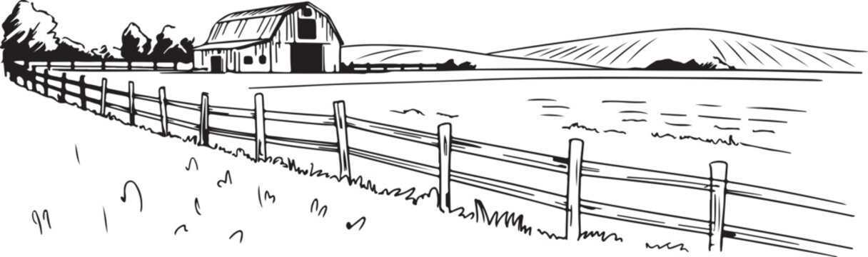 barn farm scene with fence field rows trees and rolling hills