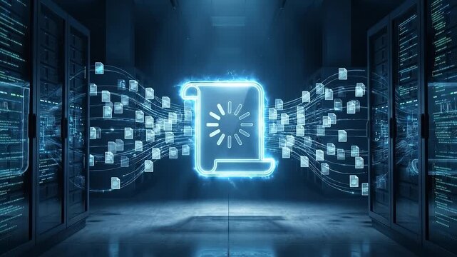 Neon document loading between server racks as digital file transfer streams across cloud network storage. holographic data flow and secure file synchronization futuristic blue data center environment