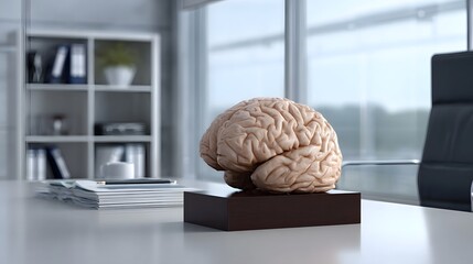 A detailed model of a human brain rests on a dark wooden stand on a modern office desk symbolizing knowledge and intelligence
