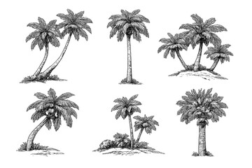 Naklejka premium A collection of six detailed black and white sketches of palm trees in various groupings, featuring intricate line work and a vintage botanical illustration style on a plain background.