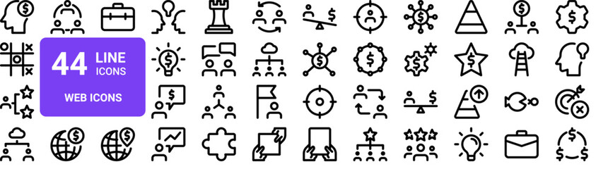 Set of 44 thin line web icons including money, networking, tic tac toe, business, communication. Outline vector illustration pack © MacroOne