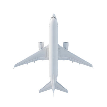 Top view of a white commercial passenger airplane isolated on a solid white background