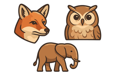 Fototapeta premium A collection of three stylized animal illustrations featuring a red fox head, an owl portrait, and a full-body elephant profile set against a solid black background in a warm color palette.