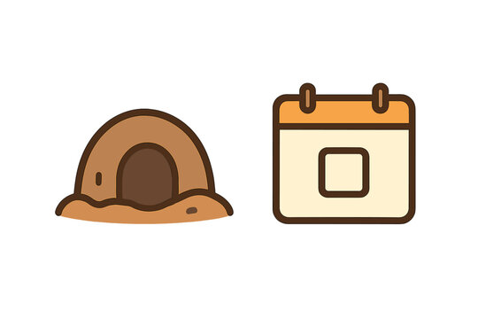 A flat vector illustration featuring two icons: a brown groundhog burrow with an entrance hole and a calendar with an orange header, both set against a solid black background.