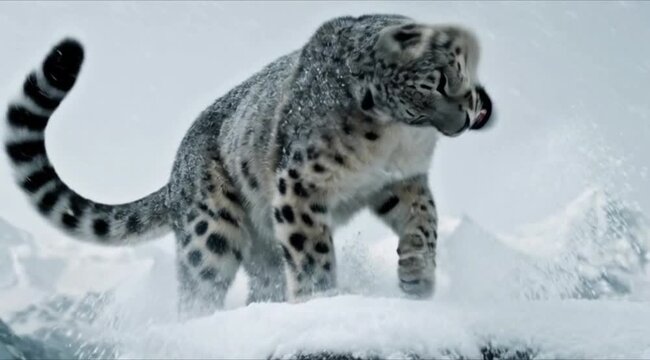 Victor as a snow leopard in icy mountains, dramatic snowstorm, piercing eyes, ultra-realistic wildlife photography.