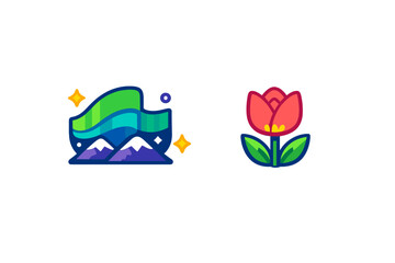 Fototapeta premium Two colorful vector icons featuring a vibrant aurora borealis over mountain peaks with stars and a red tulip flower with green leaves, both set against a solid black background.
