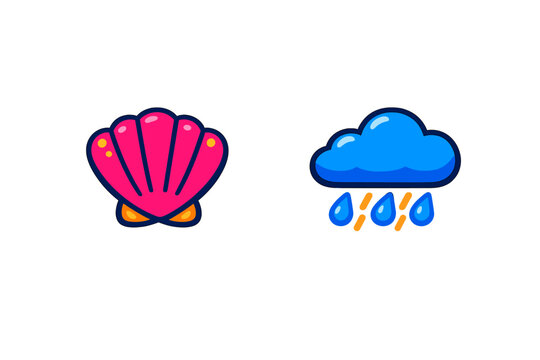 A vibrant pink seashell icon and a blue rain cloud icon with raindrops are displayed side by side against a solid black background in a flat cartoon illustration style.