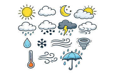 Obraz premium A collection of hand-drawn weather icons featuring sun, clouds, rain, snow, lightning, and wind. The set includes a thermometer, umbrella, and tornado on a black background.