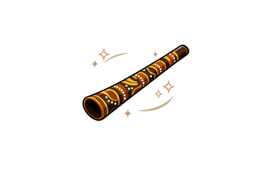 A stylized illustration of a traditional didgeridoo wind instrument featuring intricate brown, yellow, and white patterns, surrounded by decorative sparkles on a black background.