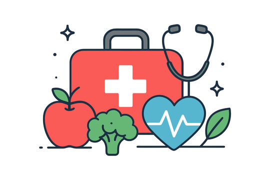 A flat vector illustration featuring a red first aid kit, a stethoscope, a red apple, green broccoli, and a blue heart with a heartbeat line, representing health and wellness.
