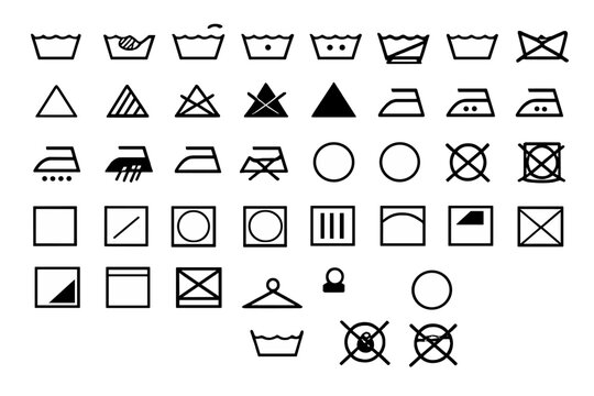 This image features a set of black and white laundry care symbols arranged in rows. The icons represent various garment maintenance instructions like washing, bleaching, and ironing.