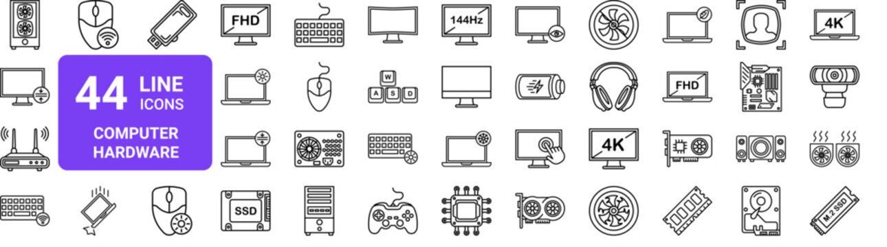 Set of 44 thin line computer hardware icons. Monitor, router, keyboard, mouse, webcam, processor pack. Vector illustration with editable stroke
