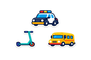 A collection of three cartoon transport stickers featuring a police car, a yellow school bus, and a teal kick scooter, all set against a solid black background with white borders.