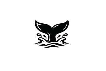 Naklejka premium A black silhouette of a whale tail fluke emerging from stylized ocean waves and water splashes, presented as a minimalist graphic design against a solid black background.