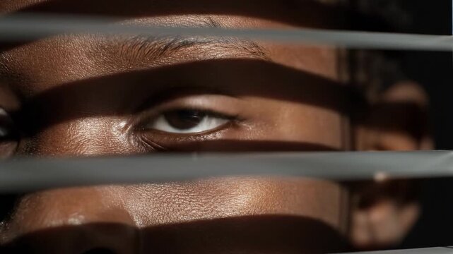 Close up of a persons eye looking through blinds.