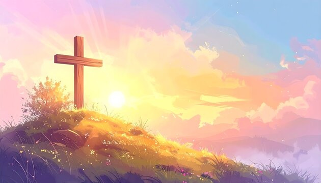 Good Friday background in an illustration style with a cross and beautiful golden light