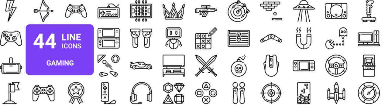 Set of 44 thin line gaming and entertainment icons. Gamepad, VR glasses, arcade, console, joystick pack. Vector illustration with editable stroke