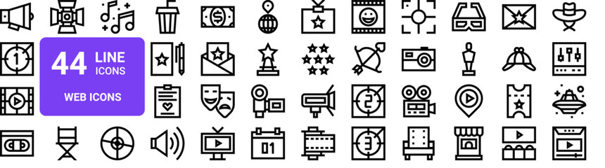 Fototapeta premium Set of 44 thin line web icons including megaphone, countdown, play, cinema, music, and entertainment symbols. Vector illustration pack with outline stroke style