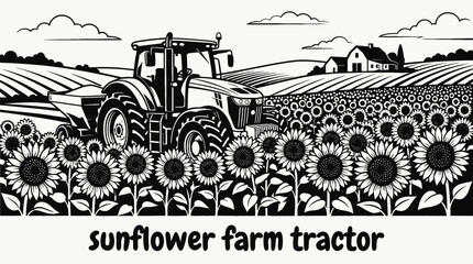 tractor farm sunflower field machinery rural harvest crop landscape equipment industry countryside design black and white vector illustration