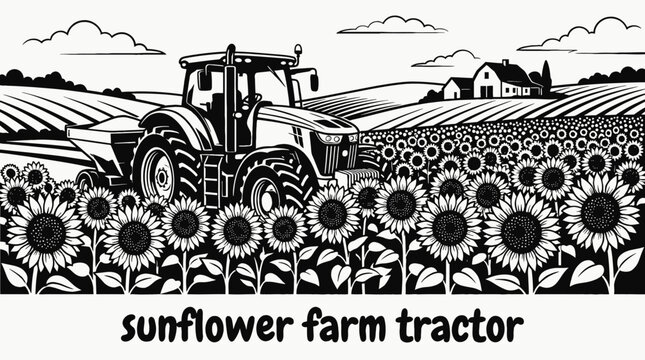 tractor farm sunflower field machinery rural harvest crop landscape equipment industry countryside design black and white vector illustration