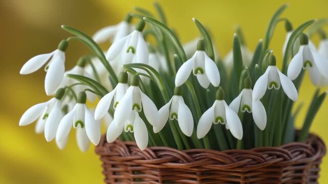 A brown wicker basket filled with white snowdrops against a bright yellow background, symbolizing spring