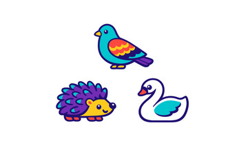 Naklejka premium A collection of three colorful cartoon animal icons featuring a blue bird, a purple hedgehog, and a white swan, all set against a solid black background in a minimalist vector style.