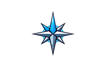 A stylized eight-pointed compass rose with a metallic blue and silver finish is centered against a solid black background. The design features sharp geometric points and a glossy texture.