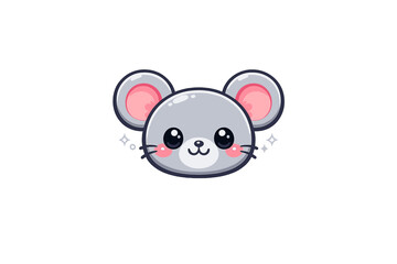 Fototapeta premium This kawaii vector illustration shows a grey mouse face with large pink ears and sparkling eyes. The character has a friendly smile and is set against a solid black backdrop.