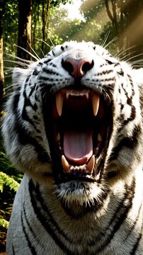 Angry white tiger roaring in forest