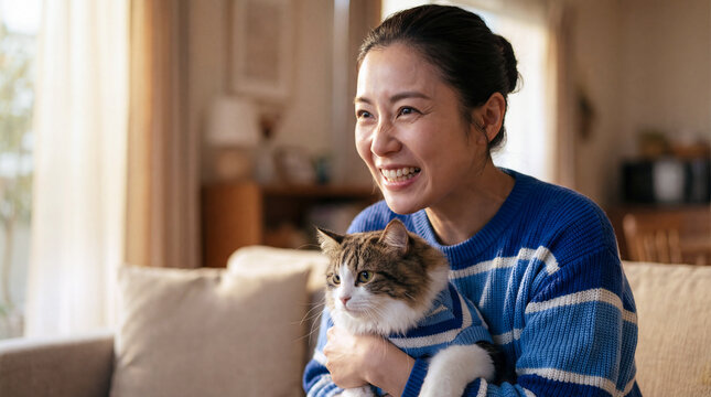 Asian woman in blue striped sweater smiles while holding a fluffy cat in a cozy living room with soft lighting and comfortable furniture