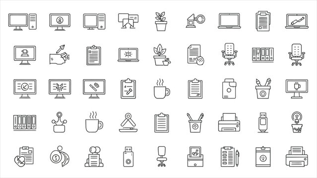 Office Desk & Workplace Workspace Vector Icon Set &ndash; Editable Stroke
