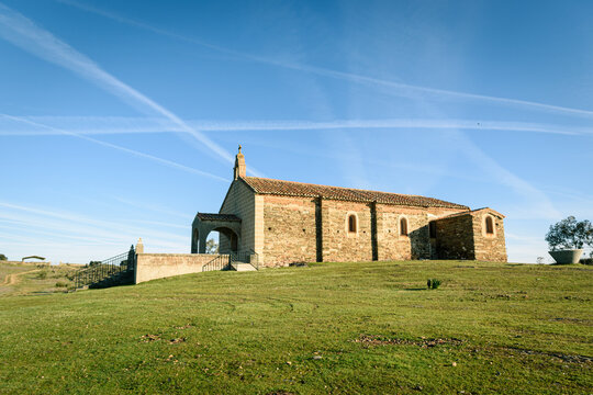 Stone Santa Ana hermitage chapel in rural hillside, Monroy Spain
