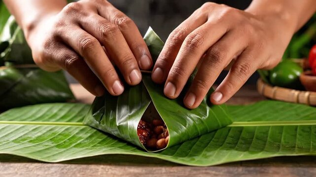 Authentic Preparation of Spicy Nasi Lemak, Adding Sambal and Wrapping it in a Fresh Banana Leaf.
