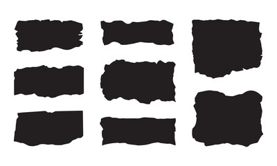 Collection of black irregular shapes with torn edges, resembling torn paper or grunge textures, isolated on white.