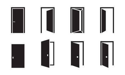 Set of eight stylized black doors in various open and closed states on a white background, clean vector illustration.